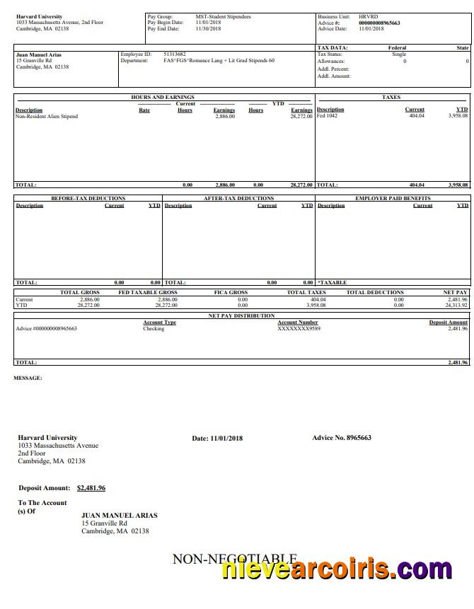 Harvard university  pay stub